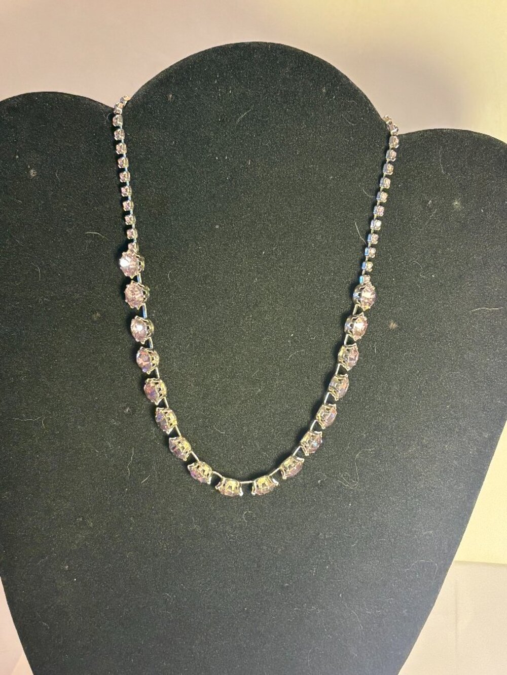 Vintage Silvertone Round Pink Crystal Rhinestone Tennis Necklace